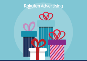 Holiday gifts in front of blue background with RA logo floating above