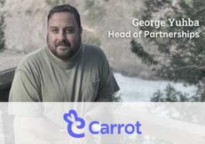 Image of George Yuhba with text "George Yuhba, Head of Partnerships" with Carrot logo overlay.